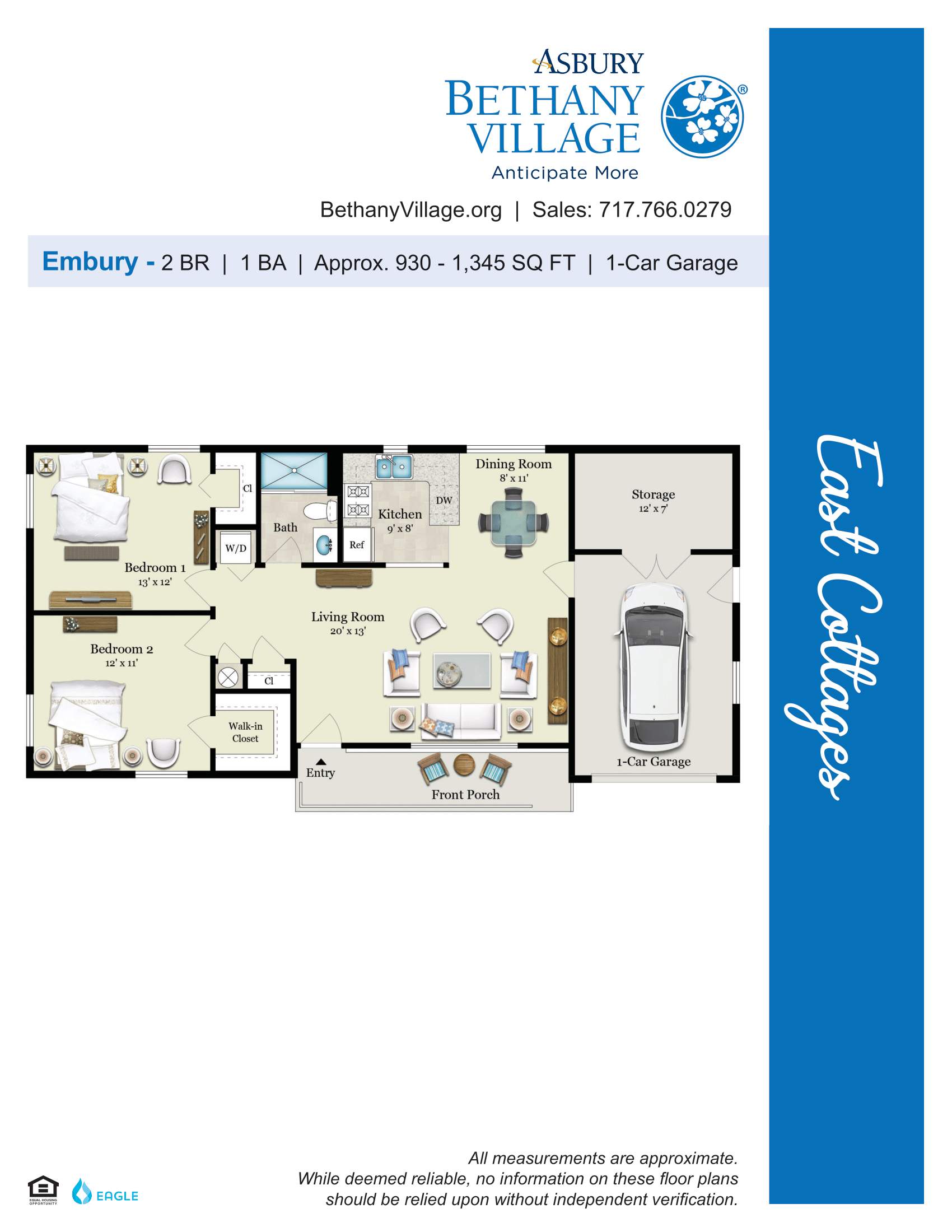 Embury floor plan, 2 bed, 1 bath, 1-car garage