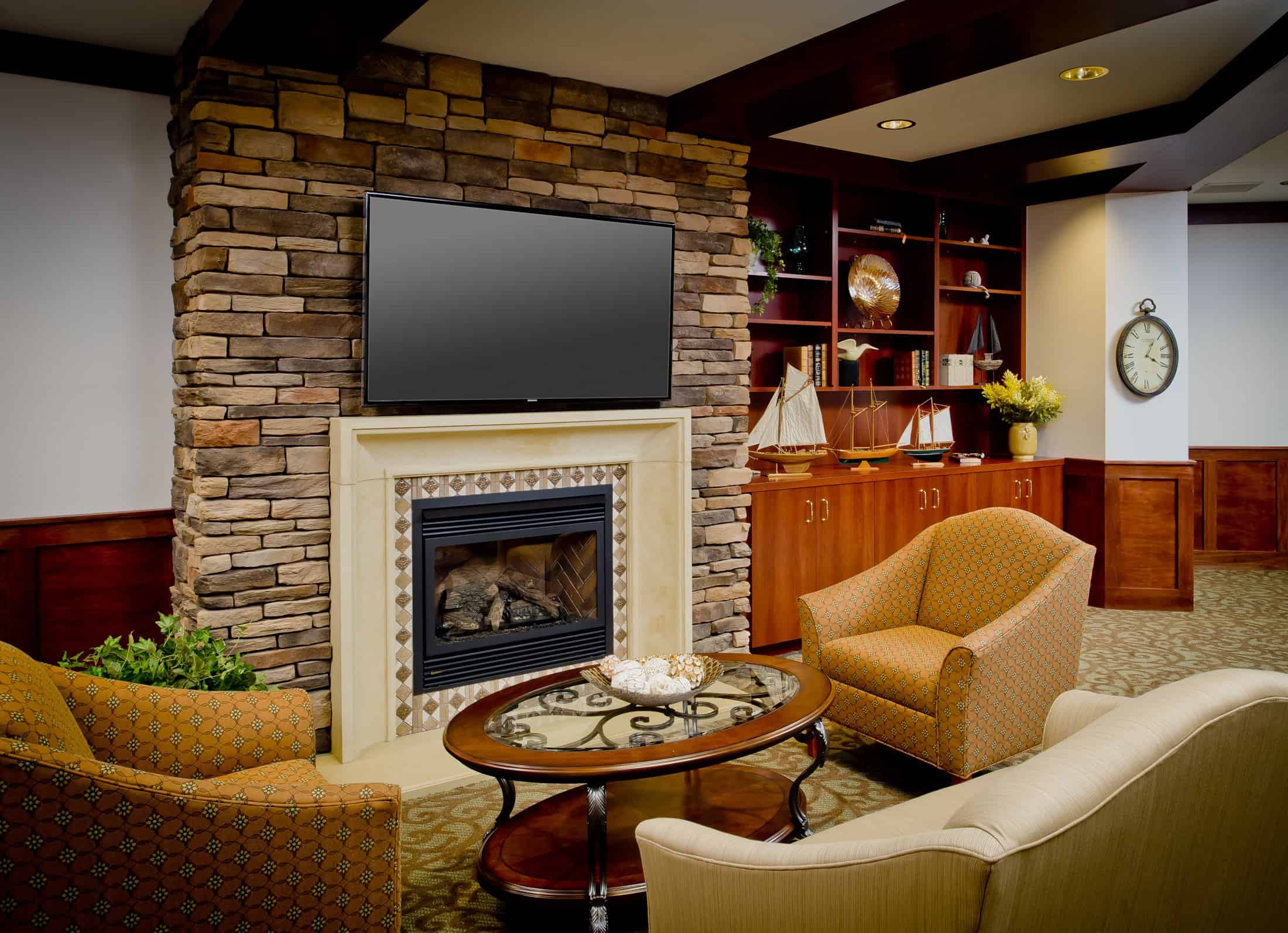 fireplace seating area in the lounge