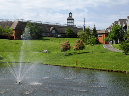 view of the pond and fountain at springhill