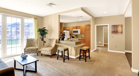 Bethany Village apartment kitchen and living room