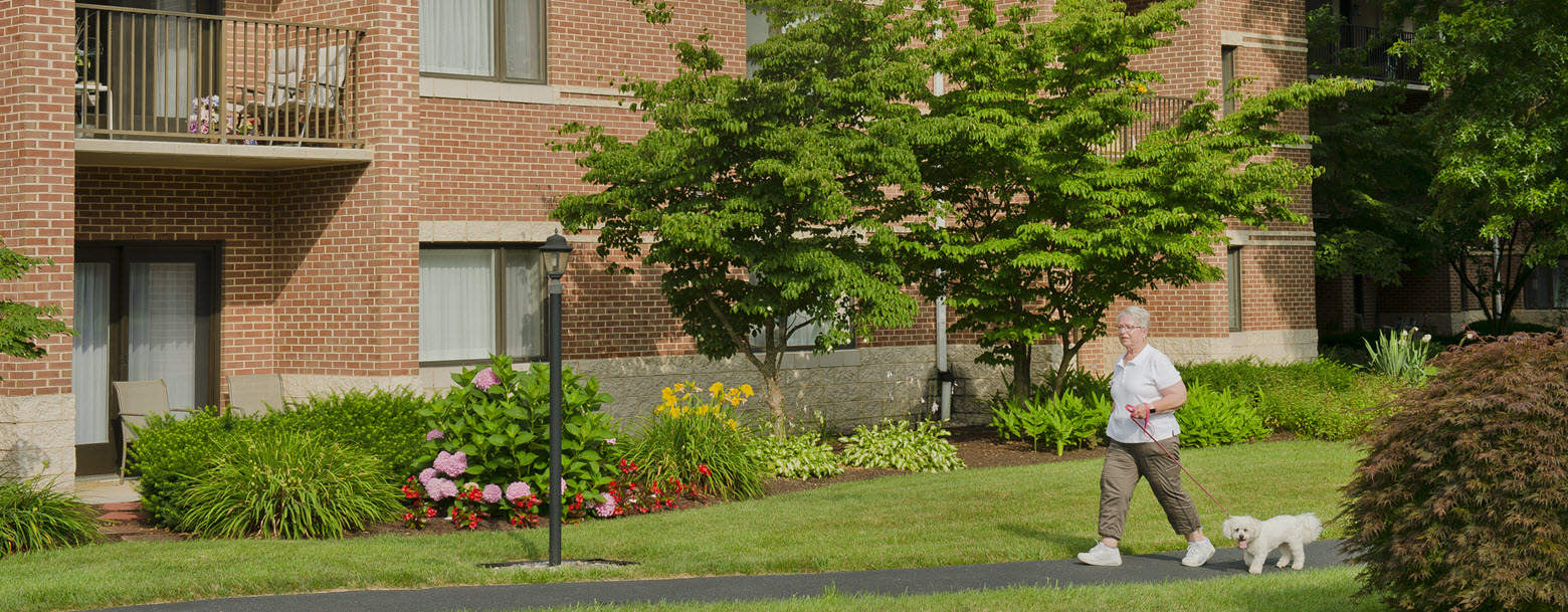 resident walking dog at bethany village