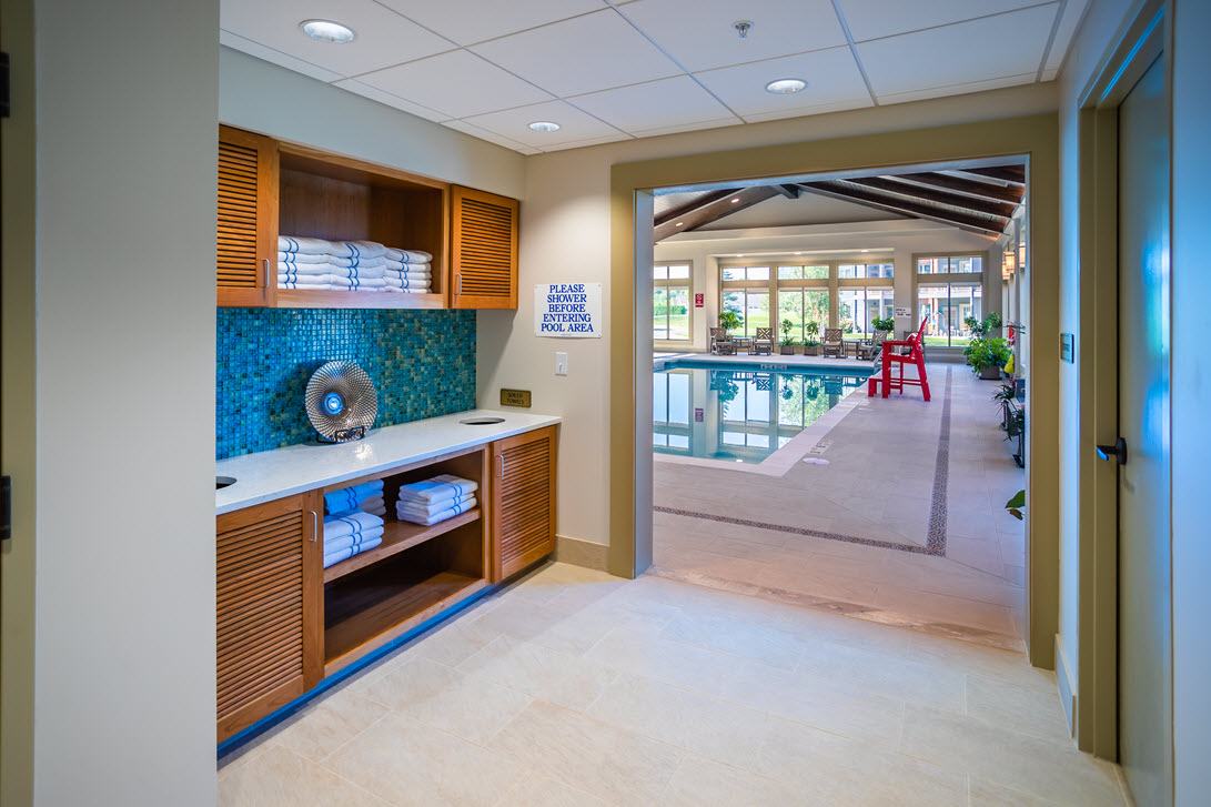 pool entrance and towel cabinets at aqautic center