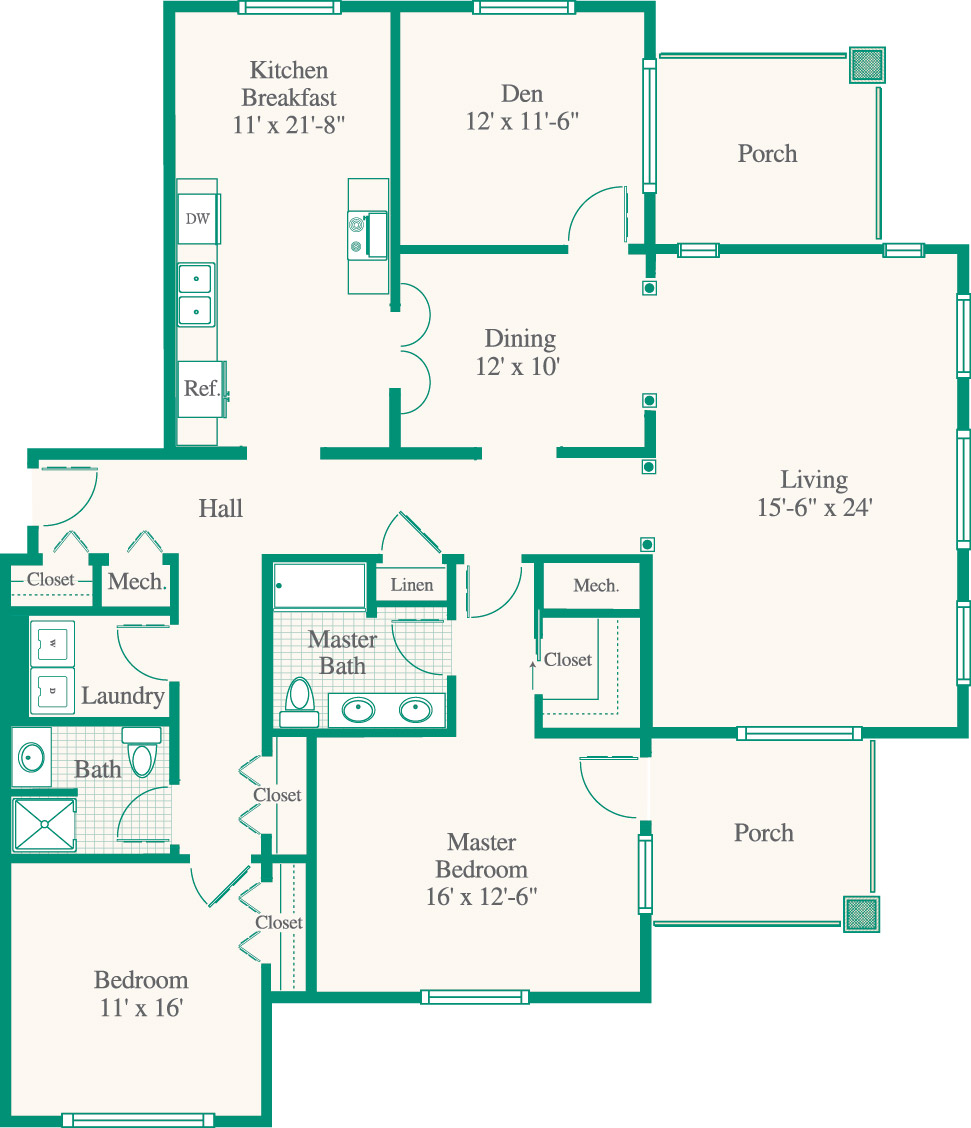 Normandie Ridge 2 bedroom deluxe with den apartment floorplan