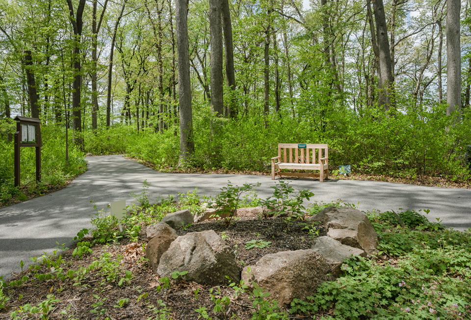 happy trails nature park at normandie ridge wooded pathway with bench