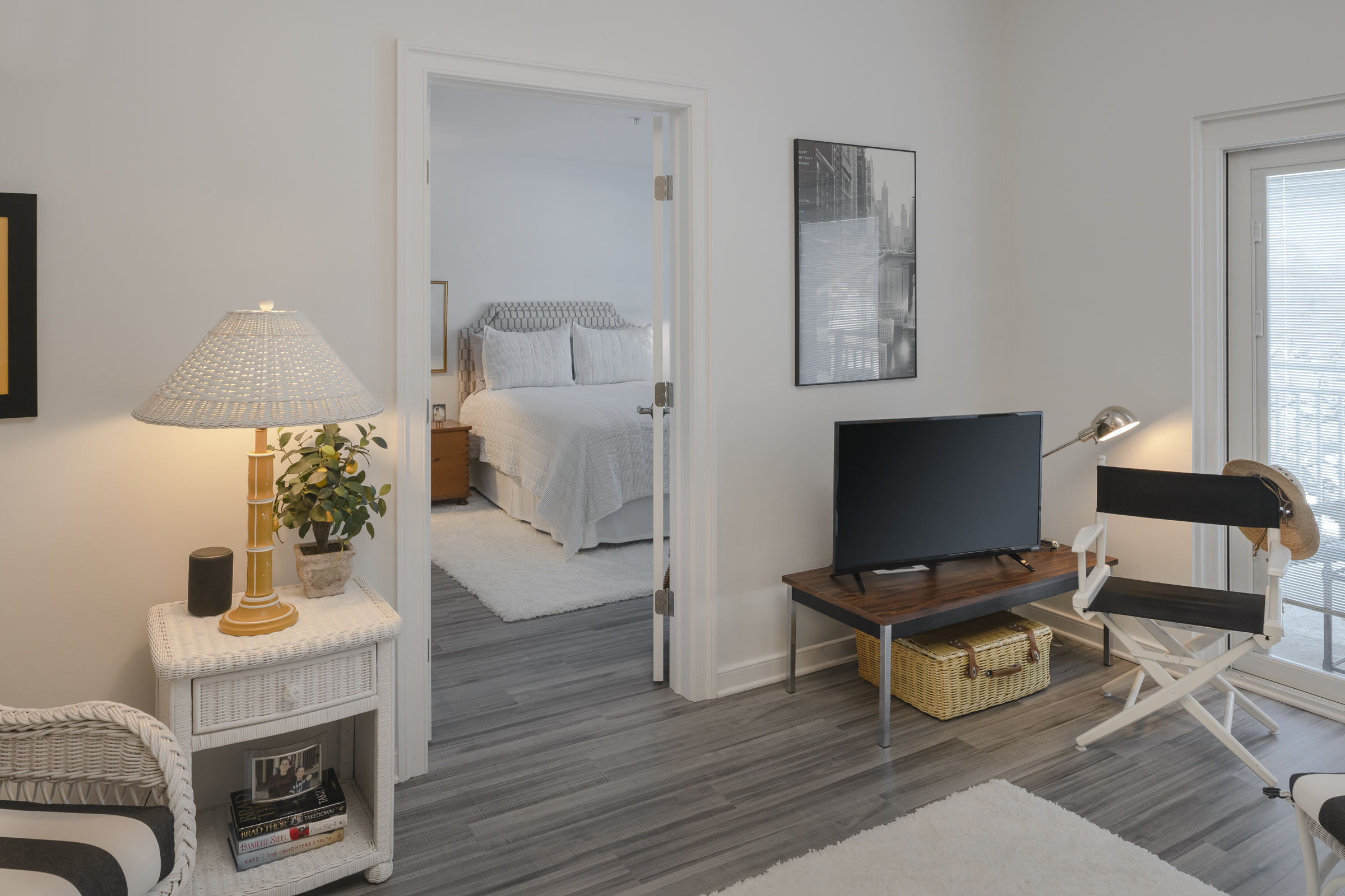 living room looking into bedroom at apartments