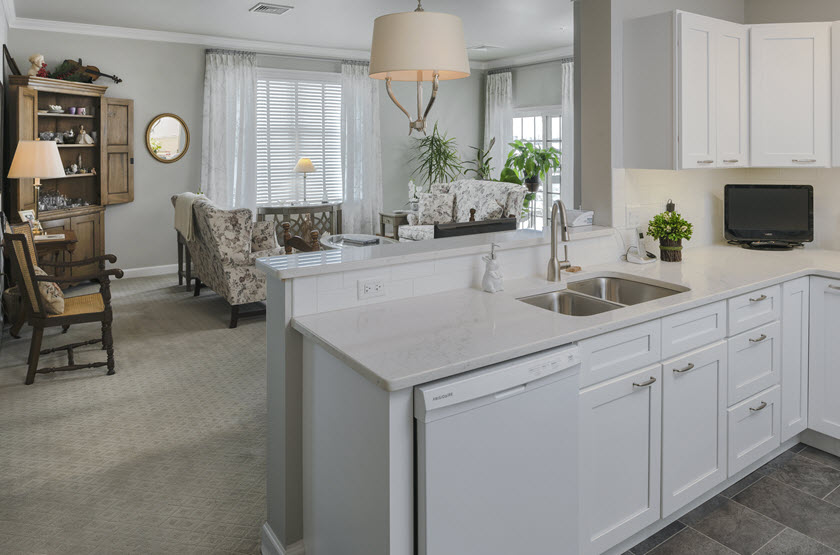 kitchen lookiing into living room in apartments