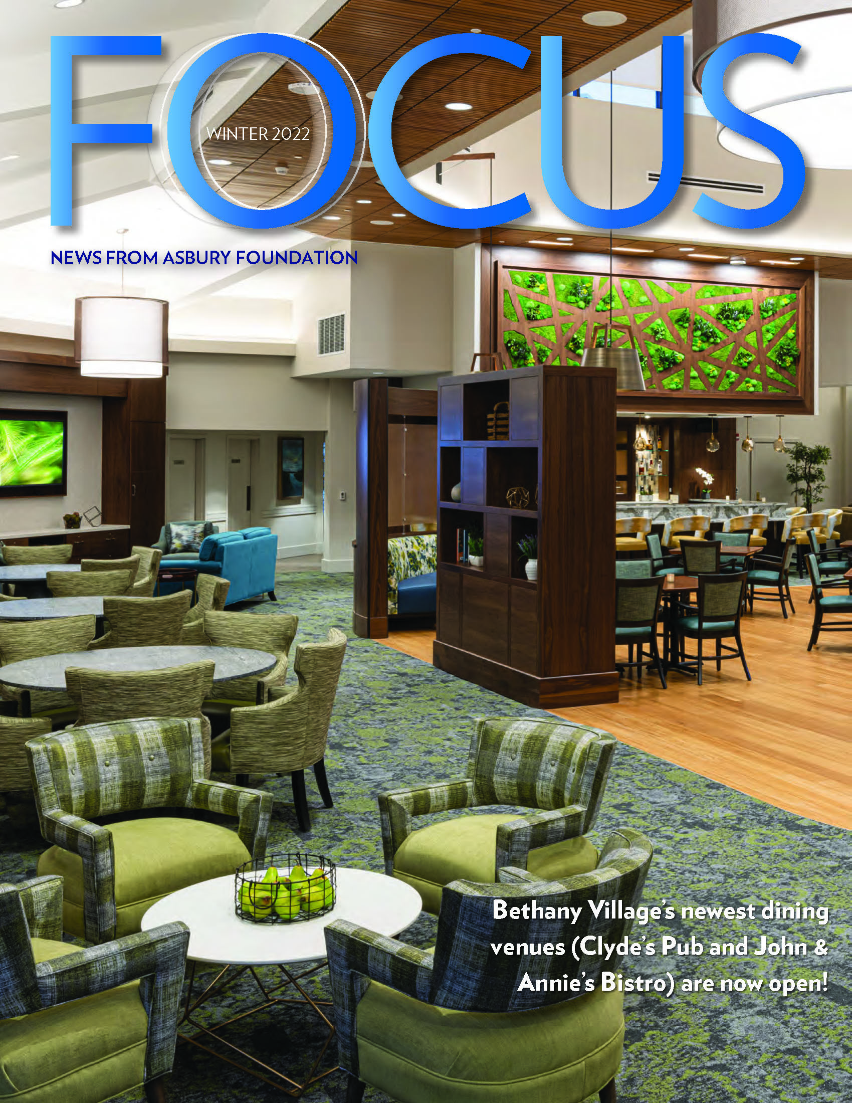 Winter 2022 FOCUS Newsletter Cover with Bethany Village Bistro pictured