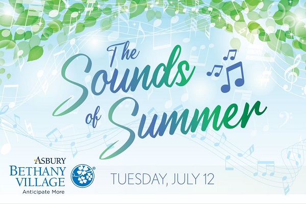Sounds of Summer Event mailer with musical notes and abstract flowers