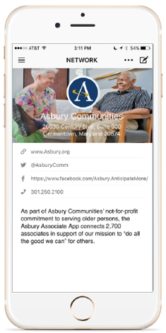 iPhone screen with Asbury logo and residents pictured within associate app