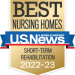 Gold badge from US News and World Report rating Wilson Health Care Center a best nursing home for short-term rehabilitation 2022-2023