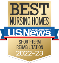Gold badge from US News and World Report rating for nursing home for short-term rehabilitation 2022-2023