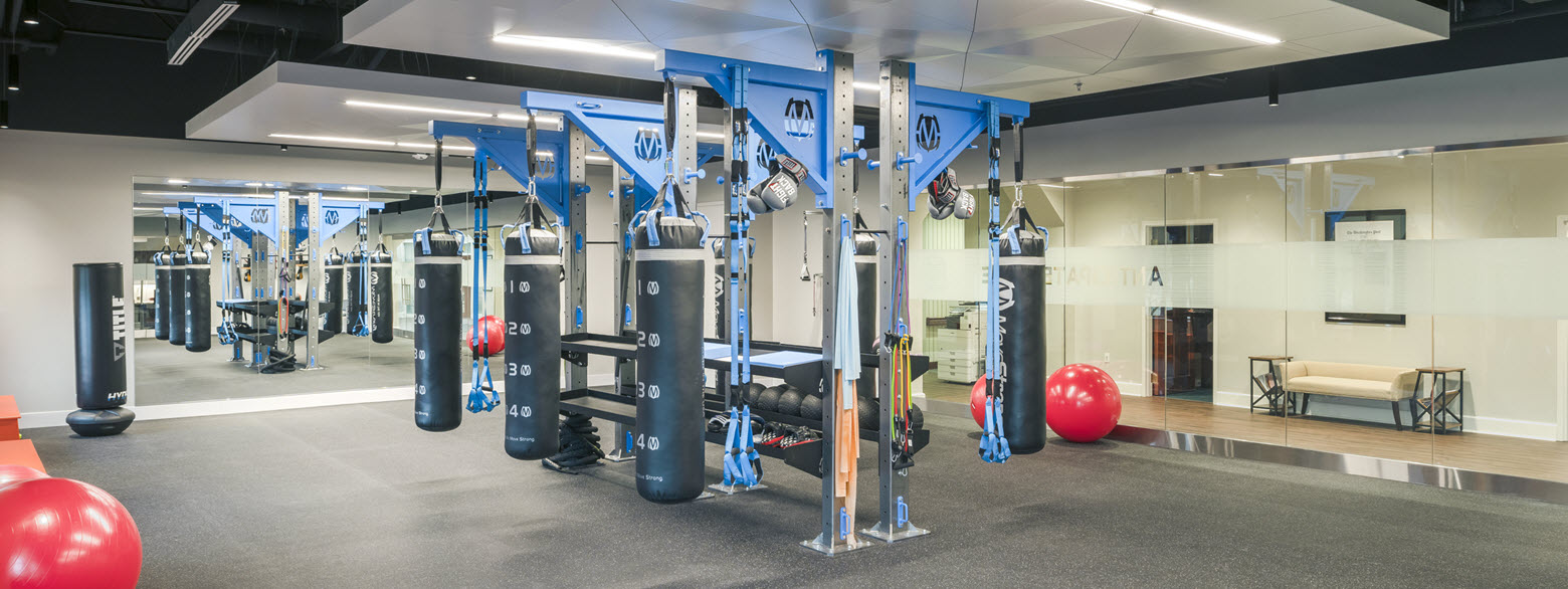 modern boxing gym with TRX bands and mounted bags in large room