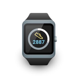 Smart watch with fitness tracker or step counter app on screen. Vector illustration on white background