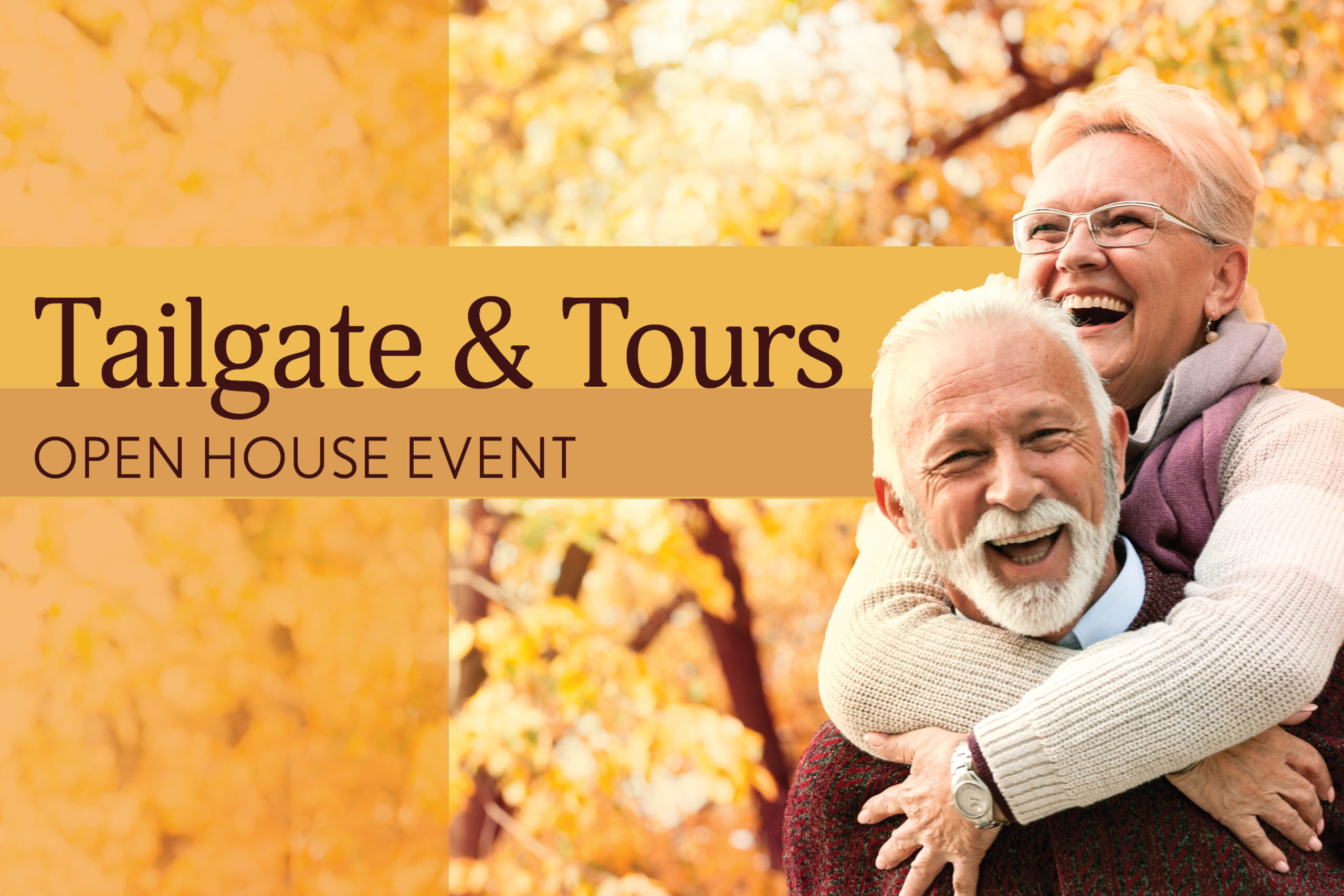 outdoor fall foliage background with white elderly male and white elderly female wearing sweaters and smiling