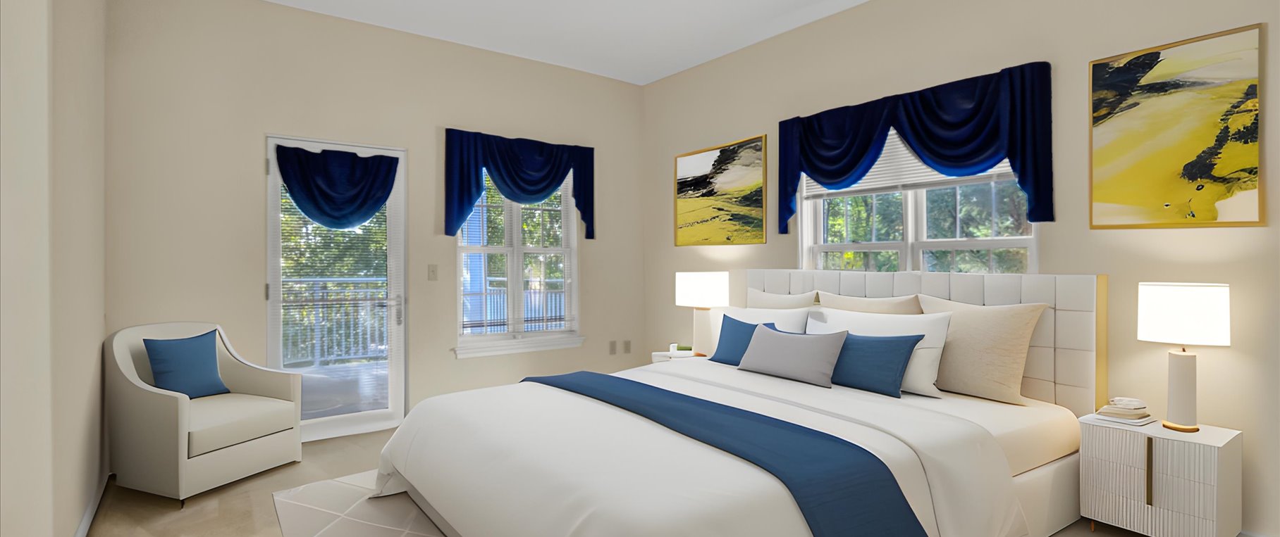 furnished bedroom with blue and white decor