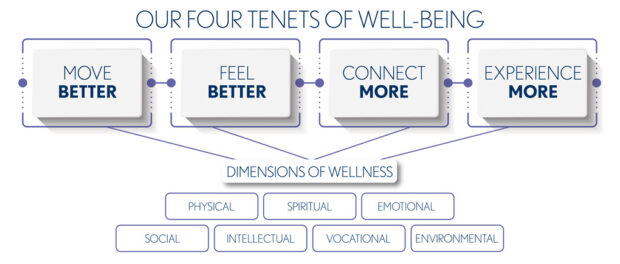 chart explaining asbury's wellness program with the six dimensions of wellness and goals to move better, feel better, connect more, experience more
