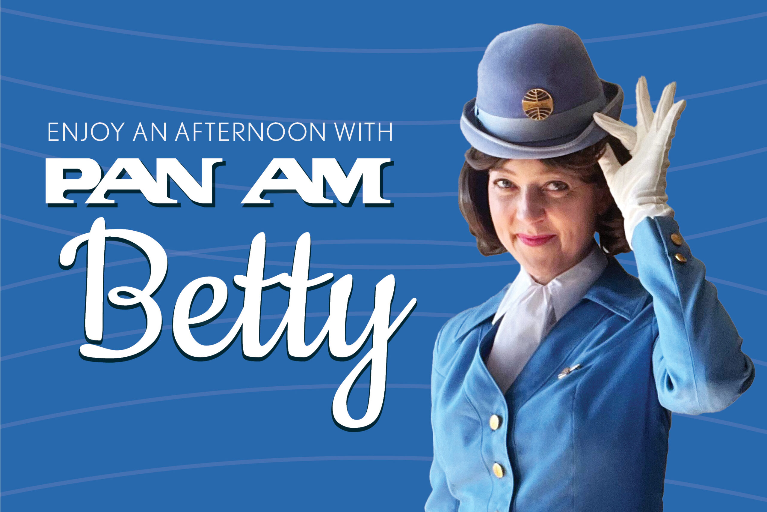 blue and white design featuring image of stewardess, Pan Am Betty