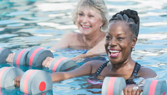 white woman and black woman in pool doing water aerobics